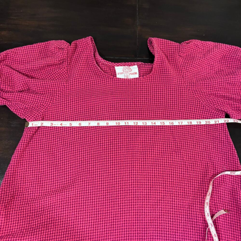 Fuchsia Gingham Oversized Babydoll Dress Puff Sleeve Ruffle Mini Cottage Indie M - Picture 5 of 6